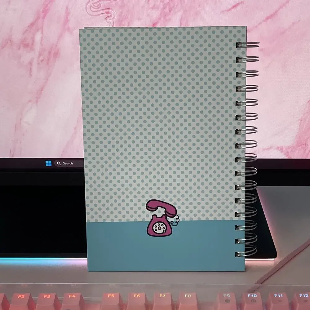 Hello Kitty Hard Cover Notebook Journal Spiral Blue Polka Dot Phone 2024 Sanrio
